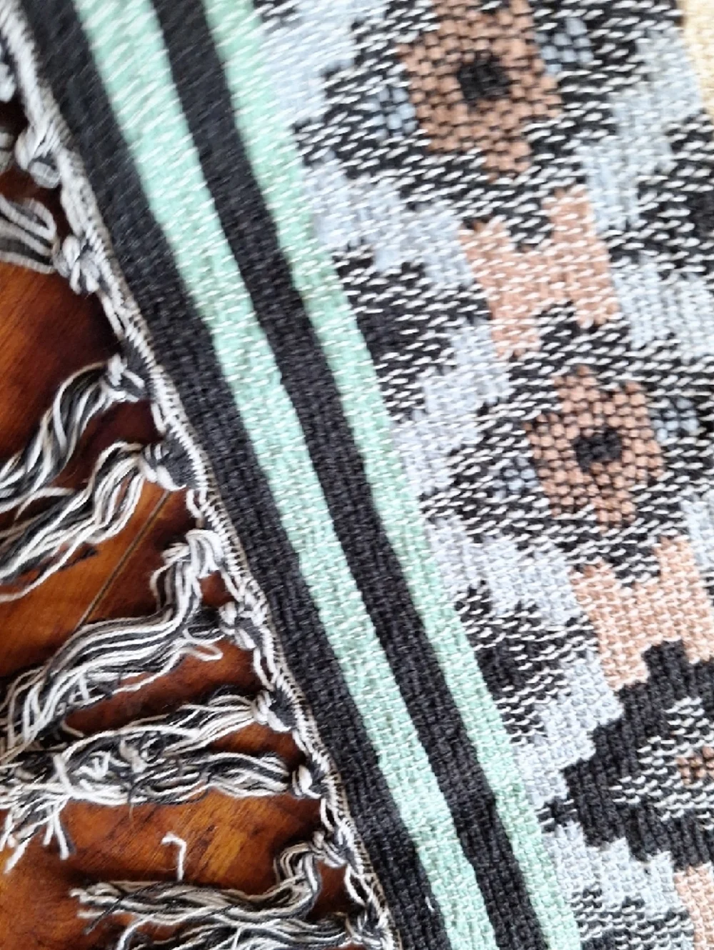 Southwestern Woven Fringe Rug - Aqua, Black & Tan